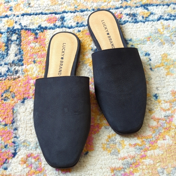 Lucky Brand Acasia Classic Pebbled Leather Slip On Open Back Flat Mules Black 6 - Picture 1 of 15